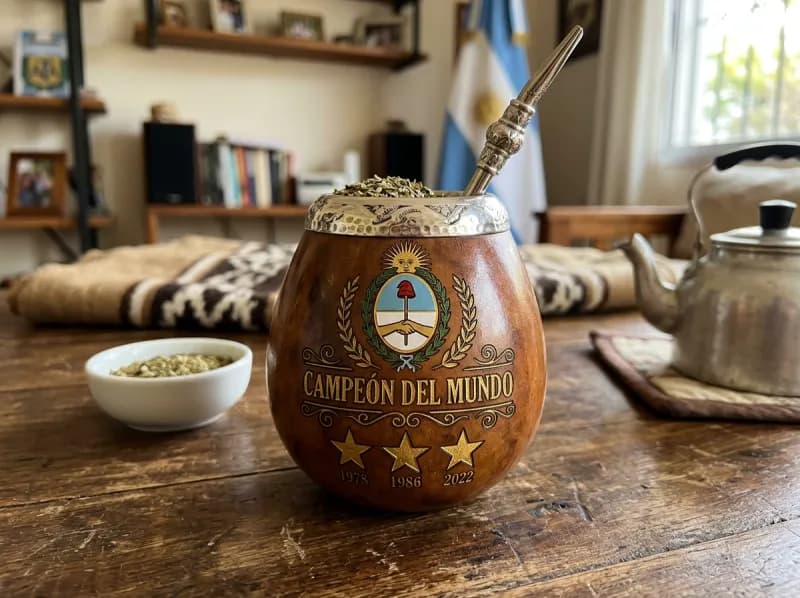 Mate Campeón del Mundo con bandera argentina de fondo